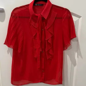 Zara Vibrant Red Sheer Ruffled Blouse thumbnail 1