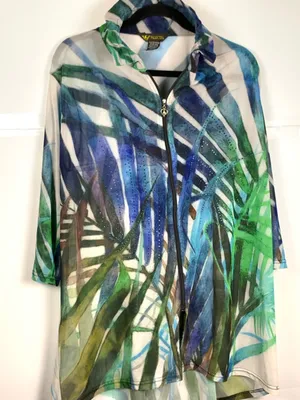 Valentina Womens XL Mesh Jacket Blue Green Tropical Print Sheer Lightweight thumbnail 12