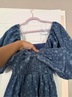 Avec Les Filles Bow Back Puff Sleeve Hearts Denim Mini Dress thumbnail 8