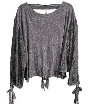 BKE Gimmicks FAB! Embroidered Mesh Boho Open Tie Festive Top in Gray L With Tags thumbnail 1