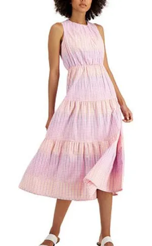 Charter Club Women S Cotton Preppy Party Plaid Midi Baby Shower‎ Pink Blue Dress thumbnail 1