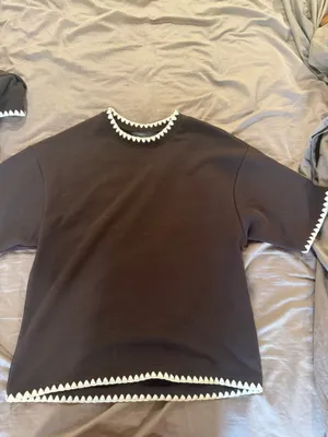 Primark brown short sleeve and shorts oversized set with white hemming thumbnail 5