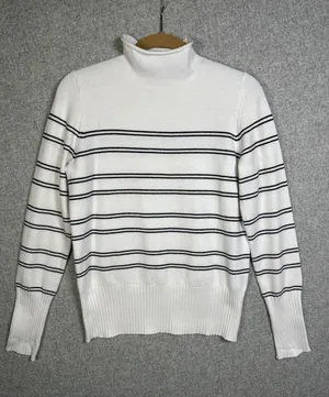 French Connection Medium Sweater Striped Mock Neck White‎ Black Long Sleeve thumbnail 1