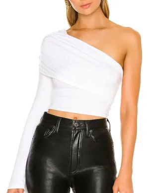 Lovers + Friends White One Shoulder Crop Top XL Wrap Bodycon Revolve $100 NEW thumbnail 1