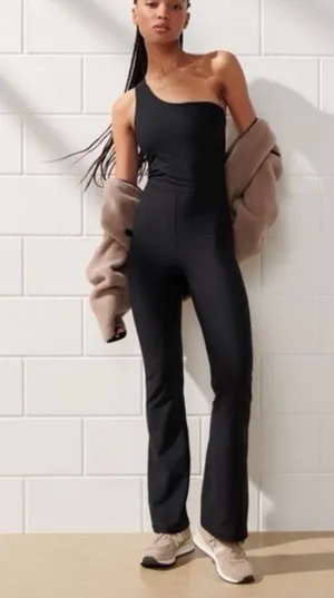 Abercrombie YPB SculptLUX One Shoulder Athletic Jumpsuit in Black - medium thumbnail 1