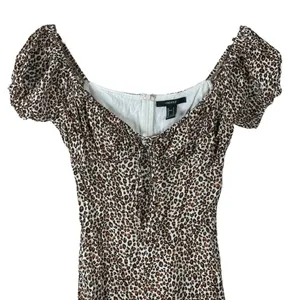 Womens Leopard Print Mini Dress Brown Animal Puff Sleeve Tie Front Size S thumbnail 3
