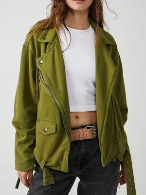 Free people we the free rebel knit oversized Green Women's Moto Jacket large thumbnail 1