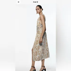 Zara White and Tan Zebra-Print Midi Dress with Side Slit thumbnail 3