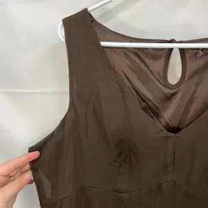 Vintage women's brown sheer silky lined button sleeveless‎ v-neck loose blouse L thumbnail 2