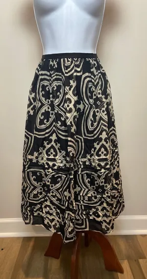 J.Crew Silk Chiffon Midi Skirt Size 8 Black Cream Boho Print Lined thumbnail 1