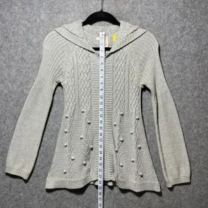DKNY Jeans Cardigan Sweater Metallic Silver Cable‎ Knit Hooded Zip S thumbnail 3