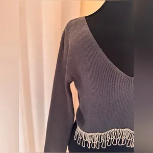 Zara Rhinestone Fringe Crop Top Gray Ribbed Y2K Going Out Party Top Size L thumbnail 7