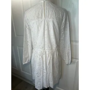 LOFT White Eyelet Cotton Boho Dress Size M Long Sleeve‎ Lined Tiered Fit & Flare thumbnail 4