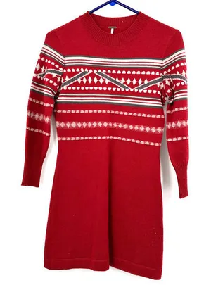Free People size XS Hot Cocoa Sweater‎ Dress Red White Gray fair isle thumbnail 1