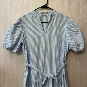 Chic Vintage Charm Cottagecore Pinstripe‎ Tiered Tie-Waist Midi Dress M thumbnail 5