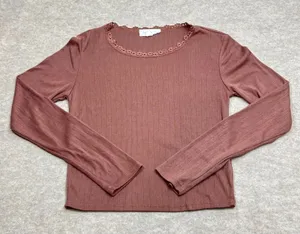Pink Rose Womens Mauve Pointelle Knit Long Sleeve Lace Trim Top Sz M Coquette‎ thumbnail 1