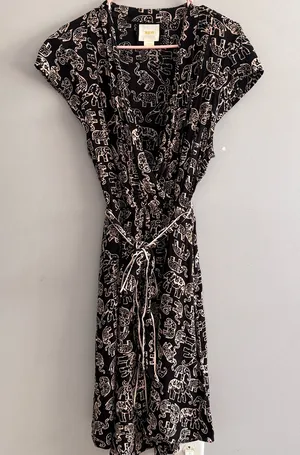 Maeve Anthropologie Large Elephant Print Wrap Dress Black Tan Belted thumbnail 1