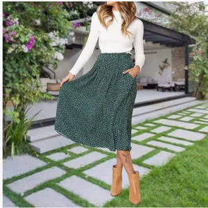 Exlura Women’s High Waist Green White Polka Dot Pleated Midi Swing Skirt Size XL thumbnail 4