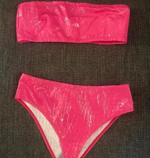 Dolls Kill Hot pink latex tube top / brief set swimsuit thumbnail 1