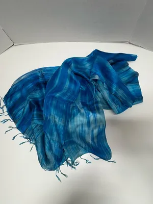 Blue Brushstroke Hand-Dyed Mulberry Silk Scarf -31" x 67" - NEW In Bag. thumbnail 7