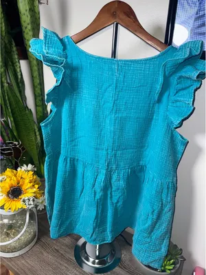 Zenana Gauze Acid Wash Ruffle Sleeve Top in Lt. Teal thumbnail 2
