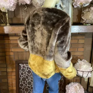 New Look Brown And Yellow Color Block Faux Fur Jacket (M) thumbnail 4