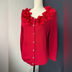 Cable&Gauge red viscose blend cardigan sweater with floral accents Petite Large thumbnail 2