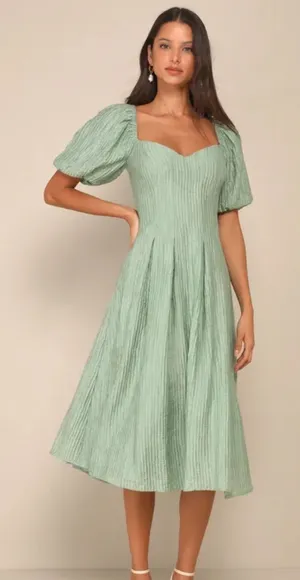 Lulus Heavenly Energy Sage Textured Puff Sleeve Pleated Midi Dress Size Small thumbnail 1