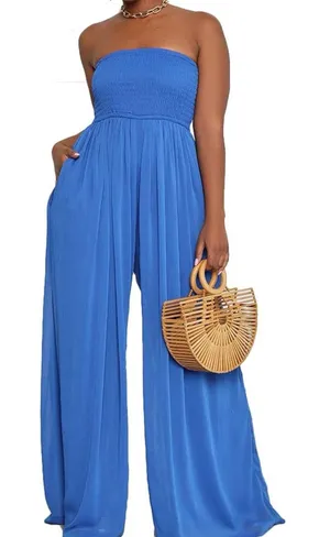 Strapless Wide-Leg Jumpsuit in Cobalt Blue thumbnail 1