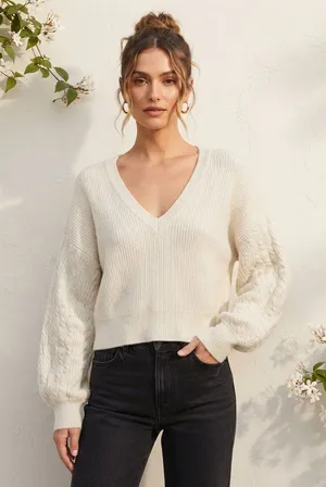 Lulus Cream Cable-Knit Sleeve V-Neck Sweater Size Medium NWT thumbnail 1