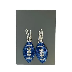 Football Earrings Womens‎ OS Blue Beaded Rhinestone Gameday Tailgate Sparkly thumbnail 2