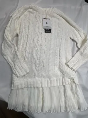 Minsure Fashion Women White Cable Knit Sweater with Pleated Chiffon Hem thumbnail 1