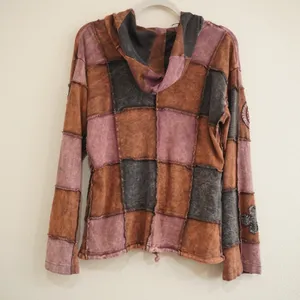 Kathmandu Imports Size Large Patchwork Hoodie Brown Peace Sign Boho Indie Cotton thumbnail 5