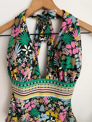 Boden Deep V-Neck One Piece Swim Suit Size 10 Floral Colorful Black Pink Green thumbnail 4