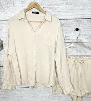 Neutral Cream Button-Up Shirt & Casual Drawstring Shorts Summer Set Size Small thumbnail 1