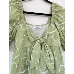 EN SAISON Idrissy Mini Dress Green Floral Puff Sleeve Bow Front Open Back Small thumbnail 4