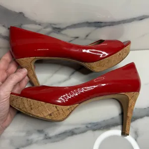 Via Spiga Women's Red Patent Leather Cork Platform Peeptoe Heels Sz 9.5 FLAW thumbnail 7
