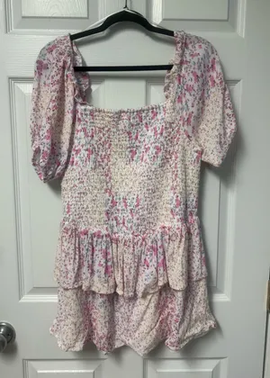 Japna White Smocked Top with Pink Floral Accents thumbnail 1