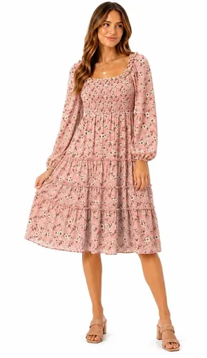 AS U WISH Pink Floral Smocked Long Sleeve Mini Dress Sz M thumbnail 1