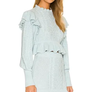 MAJORELLE Langley Cable Ruffle Sweater Small Blue Coquette Cottagecore Boho thumbnail 2