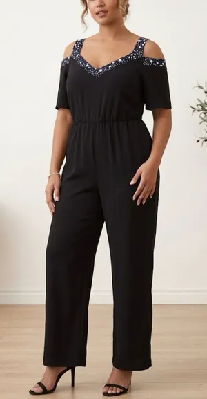 Black V-Neck Cold-Shoulder Pant Jumpsuit Size XXL Like New thumbnail 1