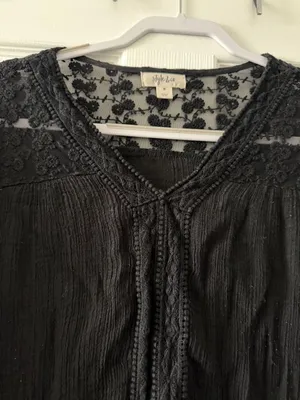 Style & Co Black Boho Gauze Blouse Lace Crochet Trim 3/4 Sleeve Medium thumbnail 3