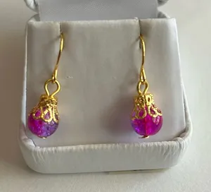 3/$20 Pink and Purple Dual Crystal Ornate Gold Plated Dangling Drop Earrings thumbnail 1