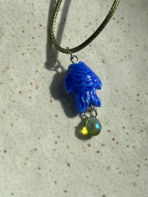unique funky cute blue ceramic fish & Czech glass teardrop necklace⭐️🐟💕 thumbnail 5