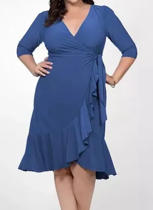 Kiyonna Whimsy Ruffled Midi Wrap Dress Blue 2X Plus Size Flounce Fit Flare $98‎ thumbnail 1
