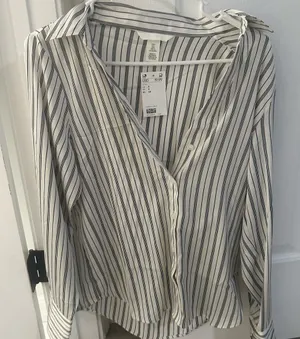 H&M Navy and White Striped Button-Down Shirt thumbnail 1