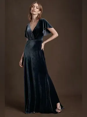 BHLDN Anthropologie Jenny Yoo Ellis Flutter Sleeve Blue Velvet Maxi Gown Dress thumbnail 3