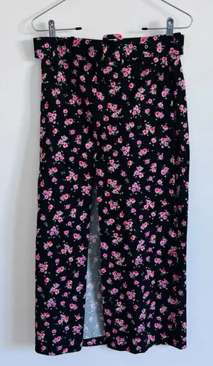 Zara Black Pink Ditsy Floral Belted Midi Skirt Romantic 90s thumbnail 1