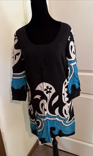 Vintage Y2K Tibi Silk Dress 4 Teal Blue & Black Scarf Pattern Baby Doll Dress thumbnail 1