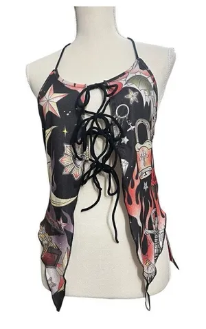 Romwe Black Multicolor Moon Floral Print Halter Top Size L Lace Up Open Back thumbnail 1